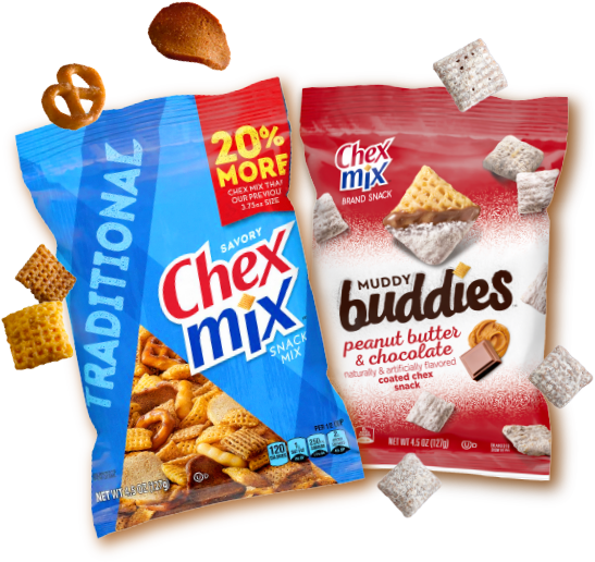 Two bags of Chex Mix side by side. The Original Chex Mix to the left and Chex Mix Muddy Buddies to the right.